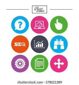 Internet, seo icons. Analysis chart, page and computer signs. Question speech bubble symbol. Classic simple flat icons. Vector