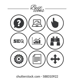 Internet, seo icons. Analysis chart, page and computer signs. Question speech bubble symbol. Classic simple flat icons. Vector