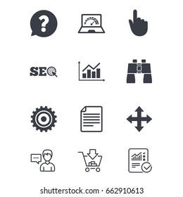 Internet, seo icons. Analysis chart, page and computer signs. Question speech bubble symbol. Customer service, Shopping cart and Report line signs. Online shopping and Statistics. Vector