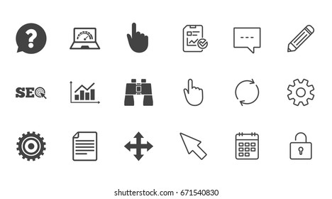 Internet, seo icons. Analysis chart, page and computer signs. Question speech bubble symbol. Chat, Report and Calendar line signs. Service, Pencil and Locker icons. Click, Rotation and Cursor. Vector