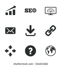 Internet, seo icons. Bandwidth speed, download arrow and mail signs. Hyperlink, monitoring symbols. Flat icons on white. Vector