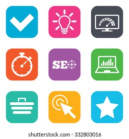 Internet, seo icons. Bandwidth speed, online shopping and tick signs. Favorite star, notebook chart symbols. Flat square buttons. Vector