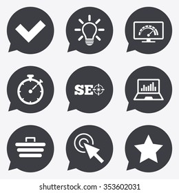 Internet, seo icons. Bandwidth speed, online shopping and tick signs. Favorite star, notebook chart symbols. Flat icons in speech bubble pointers.
