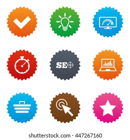 Internet, seo icons. Bandwidth speed, online shopping and tick signs. Favorite star, notebook chart symbols. Stars label button with flat icons. Vector