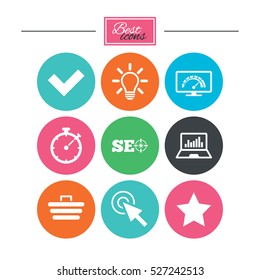 Internet, seo icons. Bandwidth speed, online shopping and tick signs. Favorite star, notebook chart symbols. Colorful flat buttons with icons. Vector