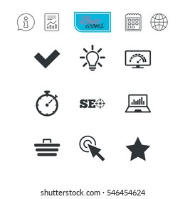 Internet, seo icons. Bandwidth speed, online shopping and tick signs. Favorite star, notebook chart symbols. Report document, calendar and information web icons. Vector
