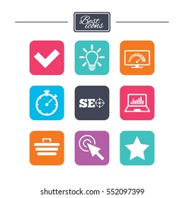 Internet, seo icons. Bandwidth speed, online shopping and tick signs. Favorite star, notebook chart symbols. Colorful flat square buttons with icons. Vector