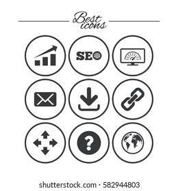 Internet, seo icons. Bandwidth speed, download arrow and mail signs. Hyperlink, monitoring symbols. Classic simple flat icons. Vector