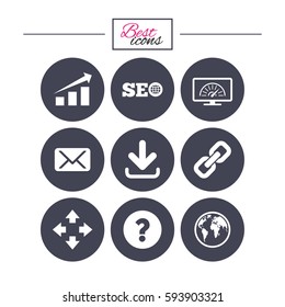 Internet, seo icons. Bandwidth speed, download arrow and mail signs. Hyperlink, monitoring symbols. Classic simple flat icons. Vector