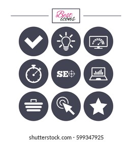 Internet, seo icons. Bandwidth speed, online shopping and tick signs. Favorite star, notebook chart symbols. Classic simple flat icons. Vector