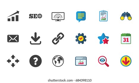 Internet, seo icons. Bandwidth speed, download arrow and mail signs. Hyperlink, monitoring symbols. Calendar, Report and Download signs. Stars, Service and Search icons. Vector