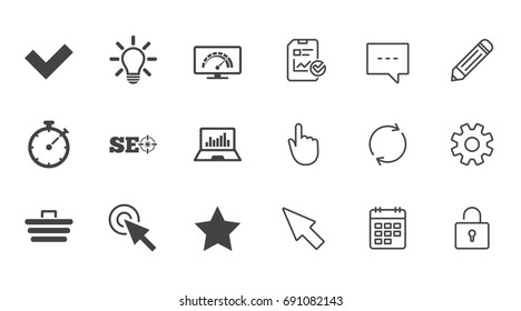 Internet, seo icons. Bandwidth speed, online shopping and tick signs. Favorite star, notebook chart symbols. Chat, Report and Calendar line signs. Service, Pencil and Locker icons. Vector