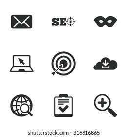 Internet, seo icons. Checklist, target and mail signs. Mask, download cloud and magnifier symbols. Flat icons on white. Vector