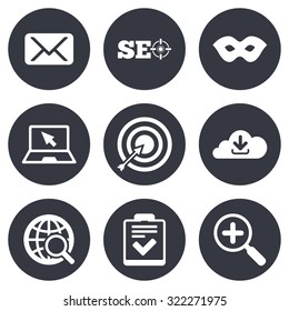Internet, seo icons. Checklist, target and mail signs. Mask, download cloud and magnifier symbols. Gray flat circle buttons. Vector