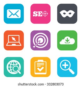 Internet, seo icons. Checklist, target and mail signs. Mask, download cloud and magnifier symbols. Flat square buttons. Vector
