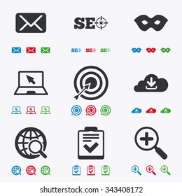 Internet, seo icons. Checklist, target and mail signs. Mask, download cloud and magnifier symbols. Flat black, red, blue and green icons.