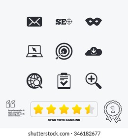 Internet, seo icons. Checklist, target and mail signs. Mask, download cloud and magnifier symbols. Star vote ranking. Award achievement and quotes.