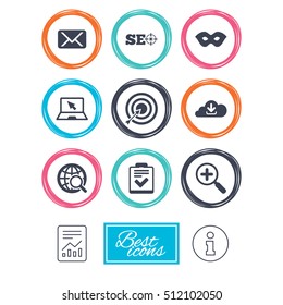 Internet, seo icons. Checklist, target and mail signs. Mask, download cloud and magnifier symbols. Report document, information icons. Vector