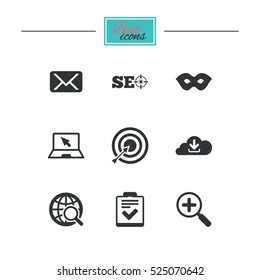 Internet, seo icons. Checklist, target and mail signs. Mask, download cloud and magnifier symbols. Black flat icons. Classic design. Vector