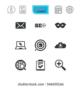 Internet, seo icons. Checklist, target and mail signs. Mask, download cloud and magnifier symbols. Report document, calendar and information web icons. Vector