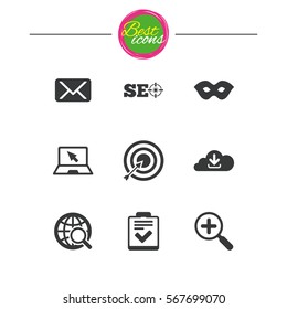 Internet, seo icons. Checklist, target and mail signs. Mask, download cloud and magnifier symbols. Classic simple flat icons. Vector