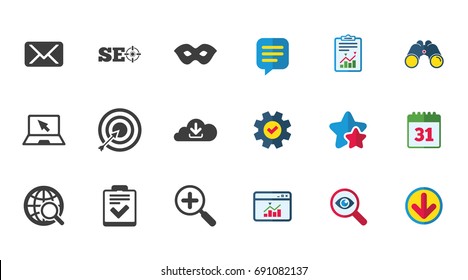 Internet, seo icons. Checklist, target and mail signs. Mask, download cloud and magnifier symbols. Calendar, Report and Download signs. Stars, Service and Search icons. Statistics, Binoculars and Chat