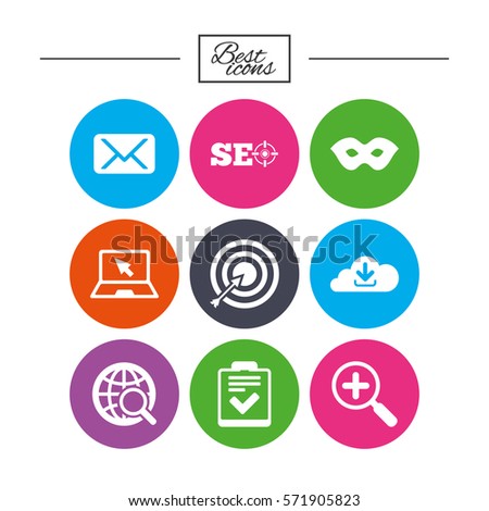 Internet, seo icons. Checklist, target and mail signs. Mask, download cloud and magnifier symbols. Classic simple flat icons. Vector