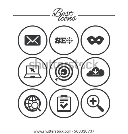 Internet, seo icons. Checklist, target and mail signs. Mask, download cloud and magnifier symbols. Classic simple flat icons. Vector