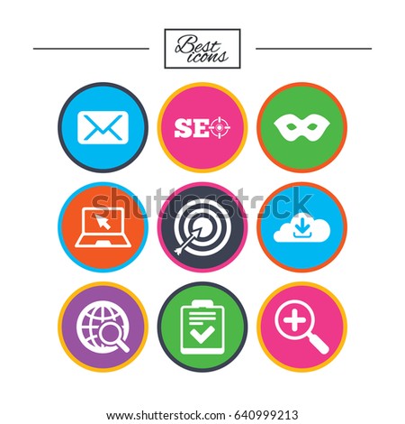 Internet, seo icons. Checklist, target and mail signs. Mask, download cloud and magnifier symbols. Classic simple flat icons. Vector