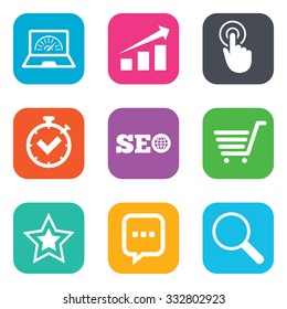 Internet, seo icons. Online shopping, charts and speed signs. Chat messages symbol. Flat square buttons. Vector