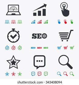 Internet, seo icons. Online shopping, charts and speed signs. Chat messages symbol. Flat black, red, blue and green icons.