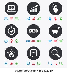Internet, seo icons. Online shopping, charts and speed signs. Chat messages symbol. Flat circle buttons with icons.