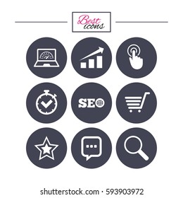 Internet, seo icons. Online shopping, charts and speed signs. Chat messages symbol. Classic simple flat icons. Vector