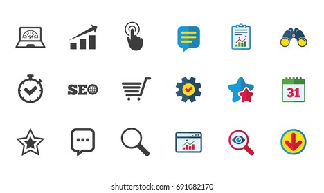 Internet, seo icons. Online shopping, charts and speed signs. Chat messages symbol. Calendar, Report and Download signs. Stars, Service and Search icons. Statistics, Binoculars and Chat. Vector