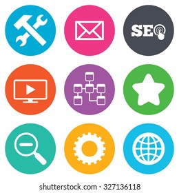 Internet, seo icons. Repair, database and star signs. Mail, settings and monitoring symbols. Flat circle buttons. Vector