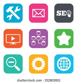 Internet, seo icons. Repair, database and star signs. Mail, settings and monitoring symbols. Flat square buttons. Vector