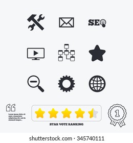 Internet, seo icons. Repair, database and star signs. Mail, settings and monitoring symbols. Star vote ranking. Award achievement and quotes.