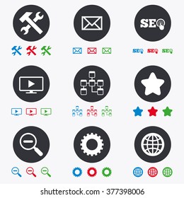 Internet, seo icons. Repair, database and star signs. Mail, settings and monitoring symbols. Flat circle buttons with icons.