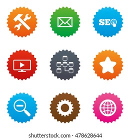 Internet, seo icons. Repair, database and star signs. Mail, settings and monitoring symbols. Stars label button with flat icons. Vector