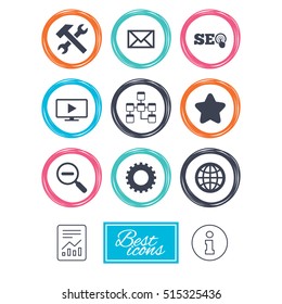 Internet, seo icons. Repair, database and star signs. Mail, settings and monitoring symbols. Report document, information. Vector