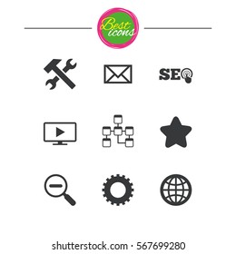 Internet, seo icons. Repair, database and star signs. Mail, settings and monitoring symbols. Classic simple flat icons. Vector