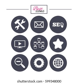 Internet, seo icons. Repair, database and star signs. Mail, settings and monitoring symbols. Classic simple flat icons. Vector