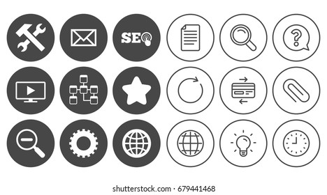Internet, seo icons. Repair, database and star signs. Mail, settings and monitoring symbols. Document, Globe and Clock line signs. Lamp, Magnifier and Paper clip icons. Vector