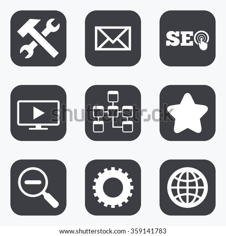 Internet, seo icons. Repair, database and star signs. Mail, settings and monitoring symbols. Flat square buttons with rounded corners.
