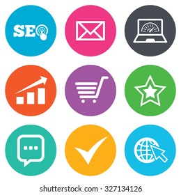 Internet, seo icons. Tick, online shopping and chart signs. Bandwidth, mobile device and chat symbols. Flat circle buttons. Vector