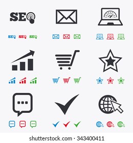 Internet, seo icons. Tick, online shopping and chart signs. Bandwidth, mobile device and chat symbols. Flat black, red, blue and green icons.