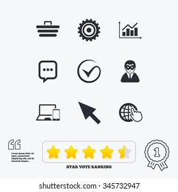 Internet, seo icons. Tick, online shopping and chart signs. Anonymous user, mobile devices and chat symbols. Star vote ranking. Award achievement and quotes.