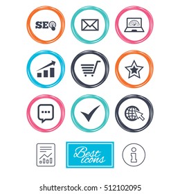 Internet, seo icons. Tick, online shopping and chart signs. Bandwidth, mobile device and chat symbols. Report document, information icons. Vector