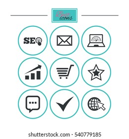 Internet, seo icons. Tick, online shopping and chart signs. Bandwidth, mobile device and chat symbols. Round flat buttons with icons. Vector