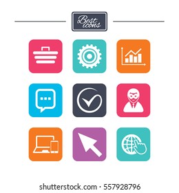 Internet, seo icons. Tick, online shopping and chart signs. Anonymous user, mobile devices and chat symbols. Colorful flat square buttons with icons. Vector